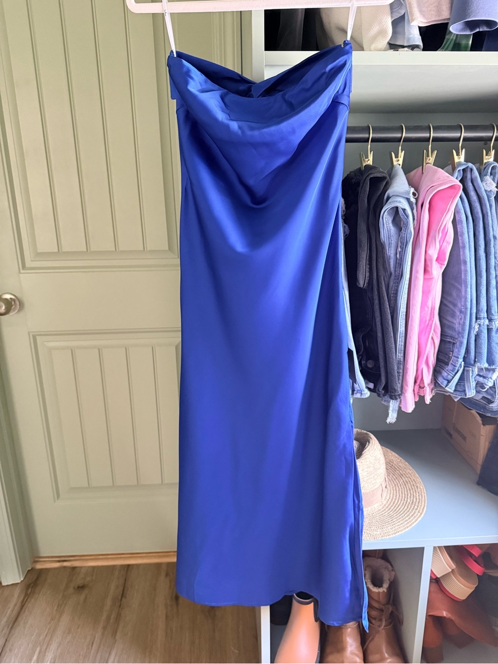 Lulus Effortless Bliss Royal Blue Satin Strapless Cowl Back Midi Dress - Picture 3 of 8